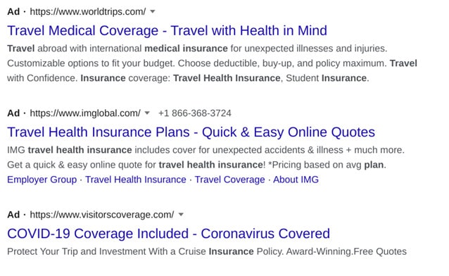 screenshot example google search result ppc for the keyword travel health insurance