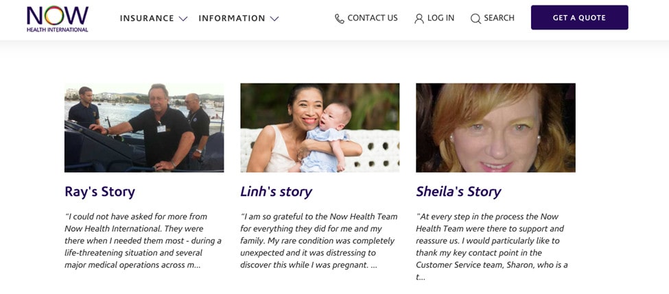 screenshot now health international customer testimonial page
